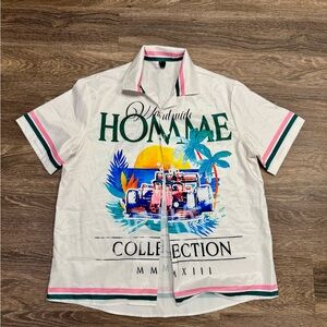 Worldwide Homage Graphic Button-Up Shirt Tropical Racing Print Size L
